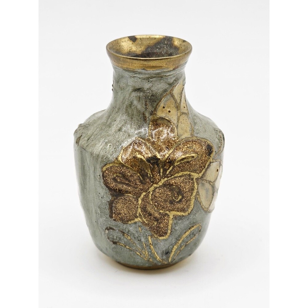 Vintage Small Brass vase Painted Floral Unbuffed Collectors Item 2 Inch